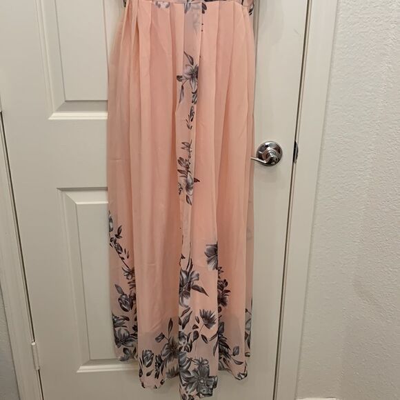 Fashion Mia Large Scoop Neck Short Sleeve Tie Back Peach Gray Floral Maxi Dress - Picture 5 of 14